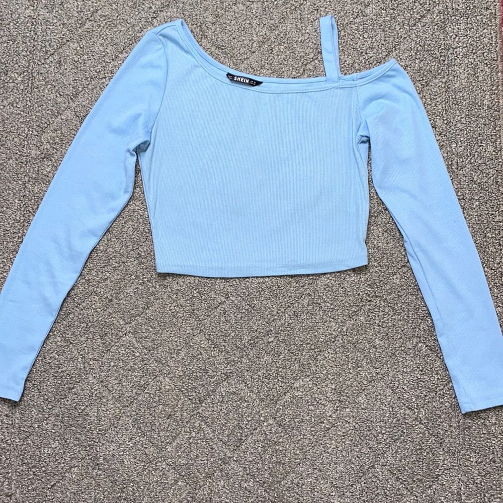 SHEIN Asymmetrical Neck Rib-Knit Baby Blue Top